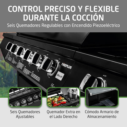 Amig - Barbacoa de gas Fireplus 6+1 de 12,9 kW - Acero inoxidable Negro - Parrilla con ruedas Modelo GRILL-6F - Barbacoa XXL con carro y termómetro - 138x52x103 cm - 7 quemadores y Bandeja lateral