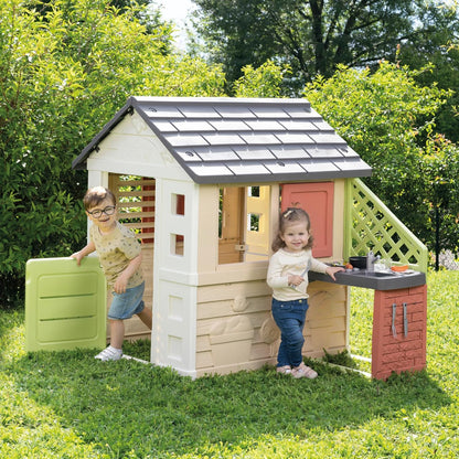 Smoby Life Casa Nature con Cocina de Juguete - Casita Infantil Interior y Exterior - Material Reciclado UV Resistente - A Partir 2 años - Cocina y Accesorios Incluidos - (7600810739)