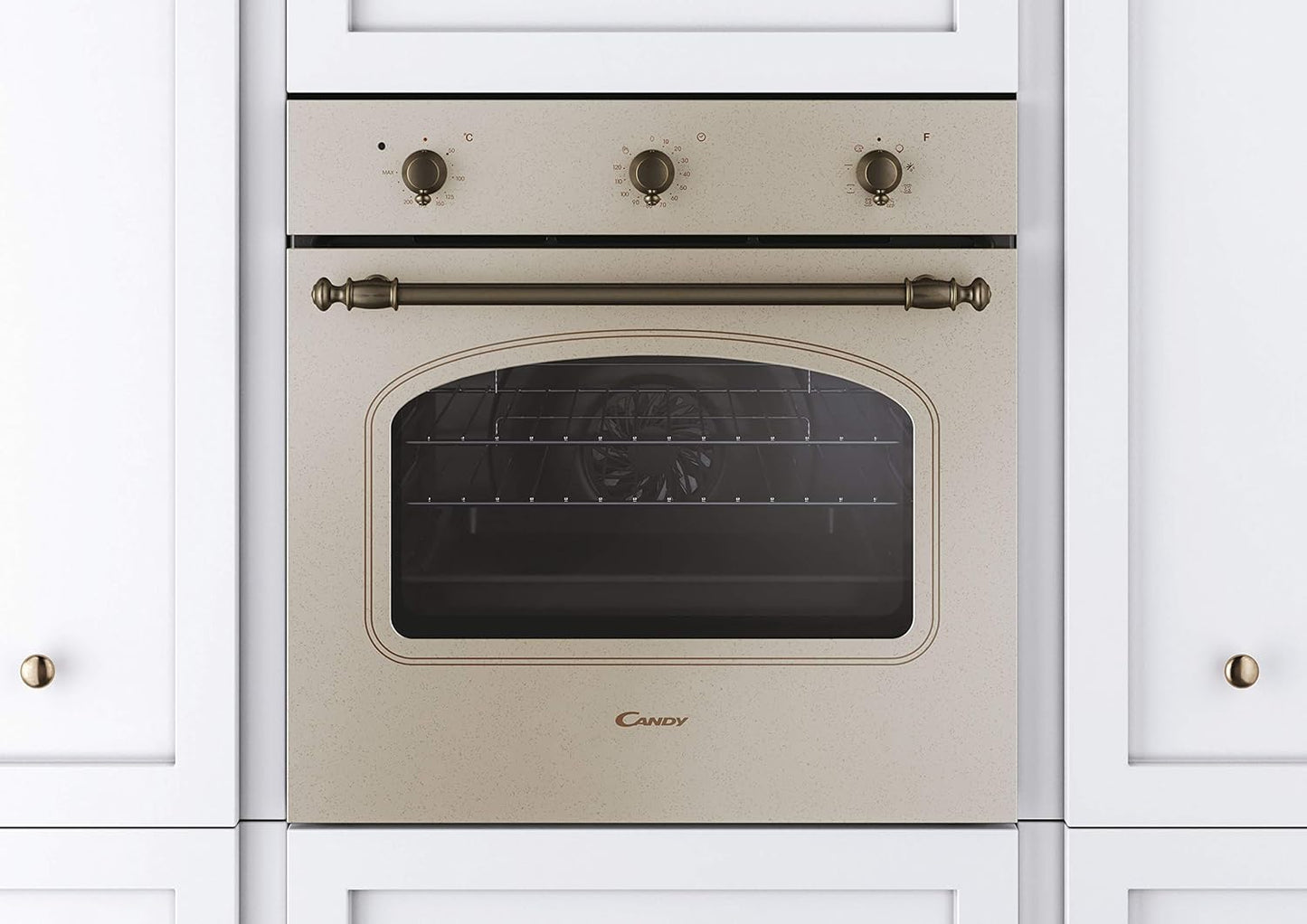Candy FCC603NAV - Horno eléctrico empotrable, ventilado, capacidad 65 litros, multifunción y función pizza, 8 programas, 56,8 x 59,5 x 59,5 cm, estilo rústico, avena, clase A+