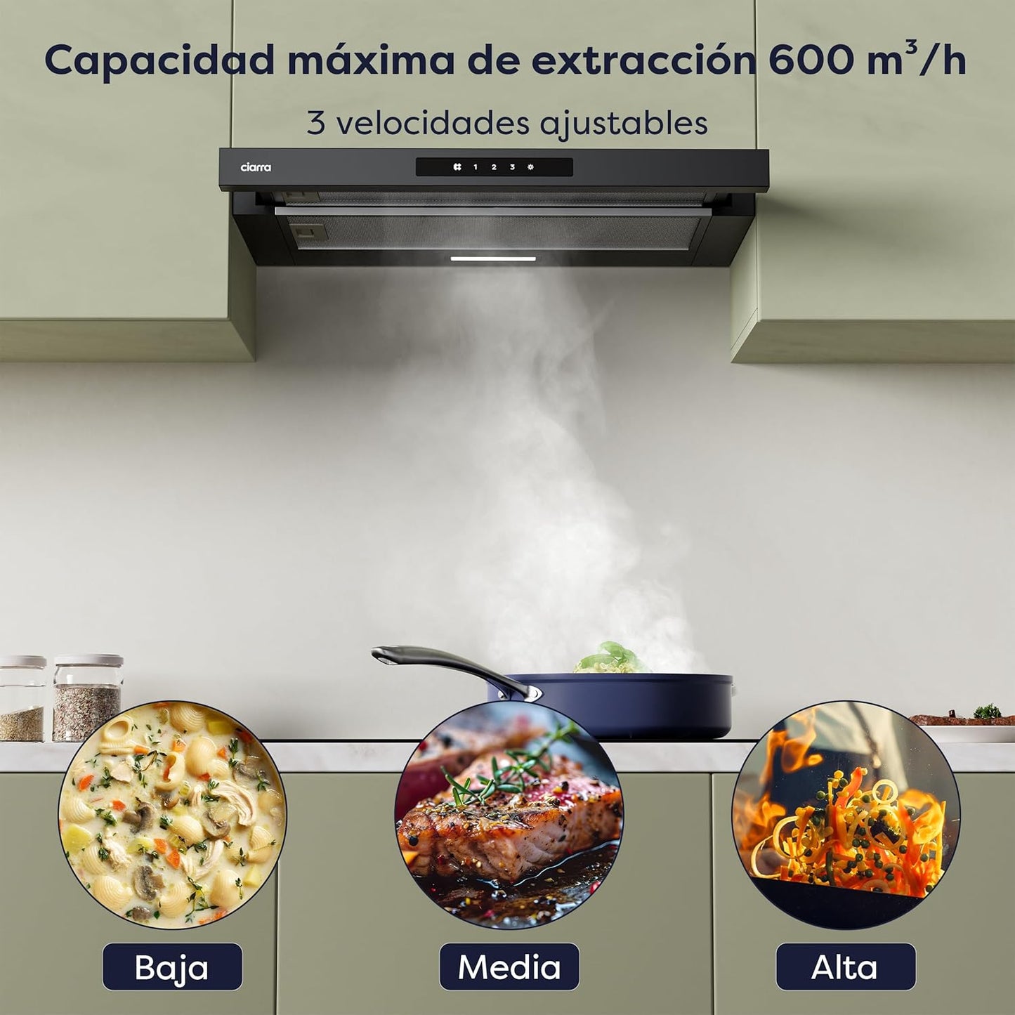 CIARRA CBCB6909A Campana Extractora Telescópica Negra Cocina 60 cm 600 m³ / h Clase A+ 3 Niveles Control Táctil Iluminación LED Filtro de Carbón CBCF055