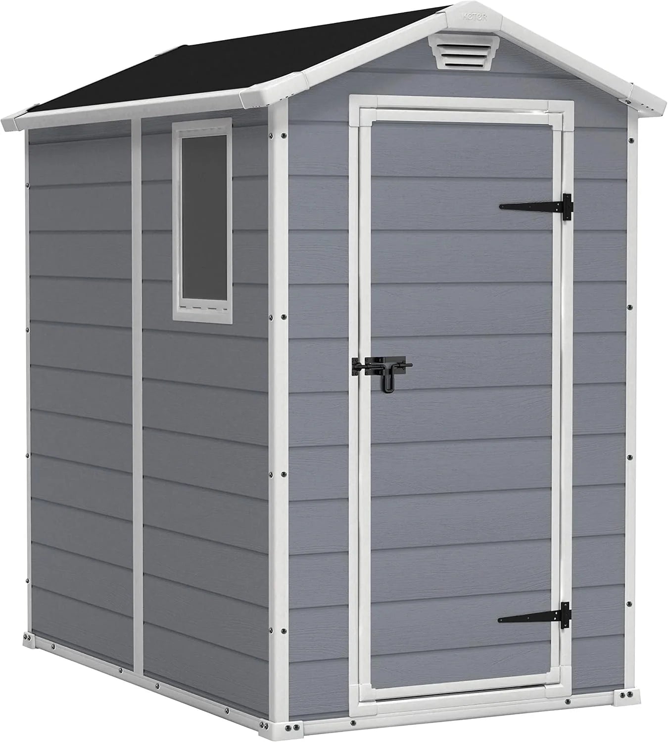 Keter Manor 4X6 - Caseta de jardín, 130x192x198cm y 2,2m2, Suelo, Sistema de ventilación, Puerta y Ventana, Resistente al Agua, Color Gris