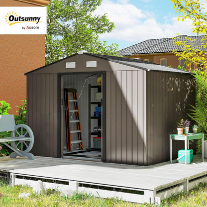 Outsunny Caseta de Jardín Exterior, 5 m² 277x195x192 cm, Cobertizo de Jardín Exterior Metálico con 2 Puertas Correderas, Base Refuerzo (Suelo NO Incluido) y 4 Ventanas, Marrón