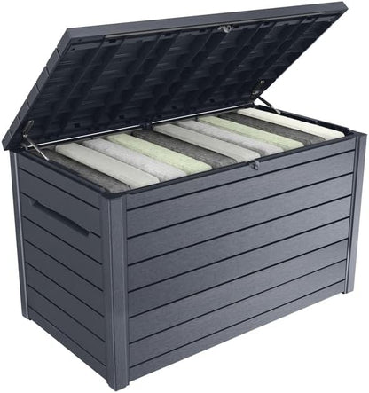 Keter Caja de cojín XXL Ontario, Grafito, 870 l de Capacidad, Dimensiones Exteriores: 147 x 83 x 86 cm, Caja de Almacenamiento Impermeable, para Exteriores