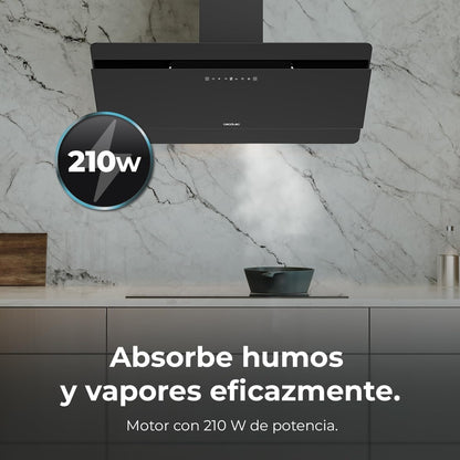 Cecotec Campana Decorativa 90 cm Flux Dt 908000 Glass Black A++. Vidrio Negro, 800M3/H de Potencia, Motor 210W, A++, Control Táctil, 3 Niveles + Booster, Hand Movement Control