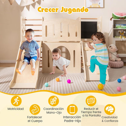 COSTWAY 8 en 1 Parque de Juegos de Interior de Madera con Temática de Castillo, Tobogán Infantil, Escalador, Escaleras, Almacenamiento, Pizarra, Túnel, Juego Montessori para Niños de 3+ Niños