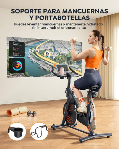 Bicicleta Eestática para Casa con APP, Bicicleta estatica Silenciosa con Resistencia Magnética 0-100%, Pantalla LED, Soporte para Mancuernas y Portavasos, Estructura Estable, MAX 160KG