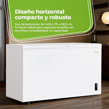 Aspes Congelador Horizontal Blanco ACHH4500EDC. Capacidad 418 Litros, Dual Cooling, 2 Cestas, Bajo Nivel Sonoro, Eficiencia Energética Clase E