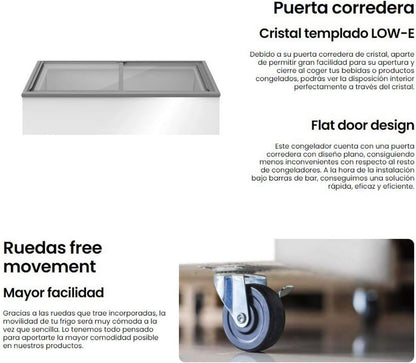INFINITON Arcon Congelador Industrial FCH-209CC82WEC, 209 Litros, Puerta con diseño Flat door design, Control de temperatura Mecánico, D, Ruedas, Cierre de seguridad con llave