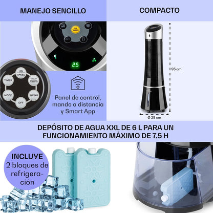 Klarstein Skyscraper Ice Smart Climatizador Evaporativo – 4 en 1: Ventilador, Enfriador, Purificador & Humidificador, 210 m³/h, Control App & Alexa, Depósito 6L, Oscilación, Ionizador, Negro