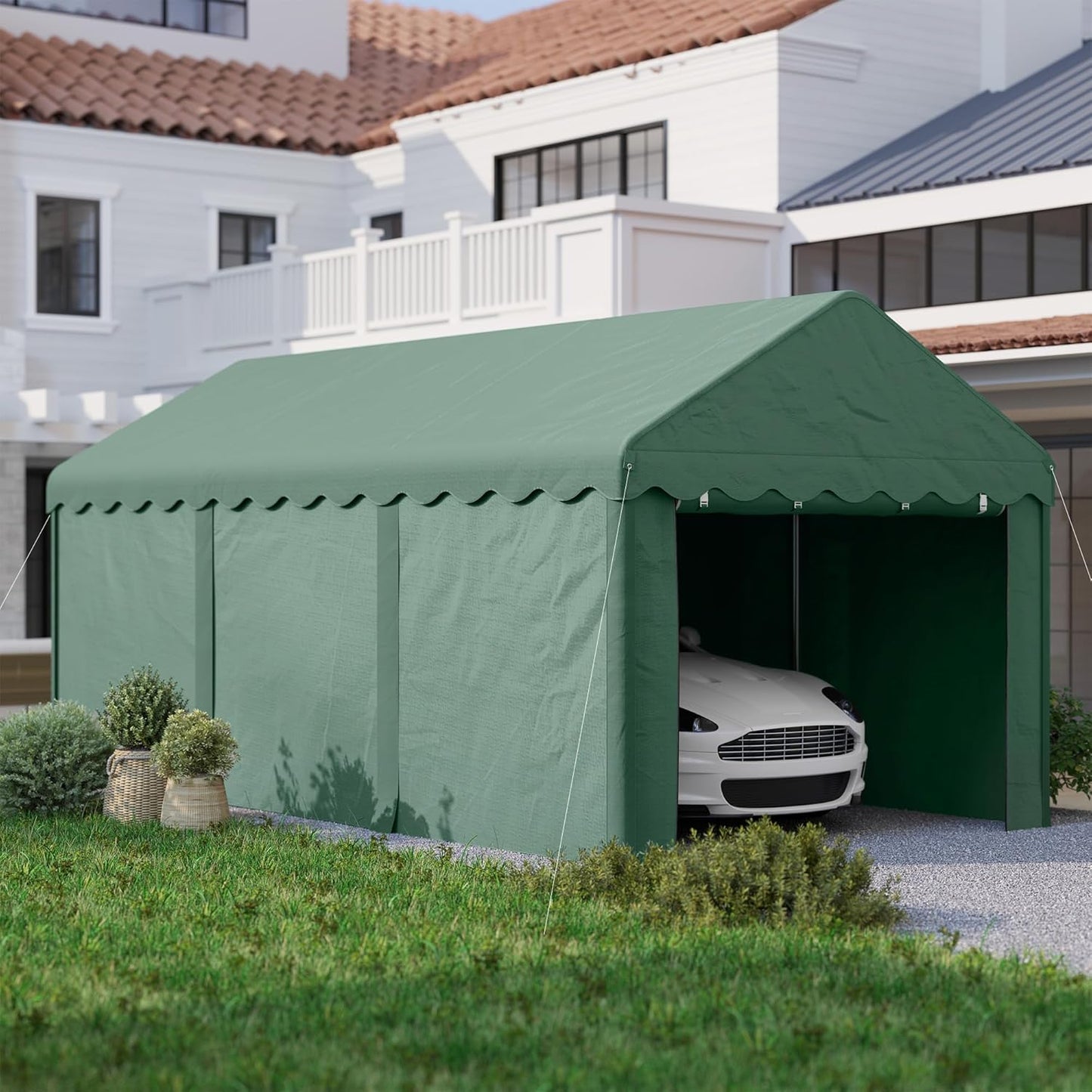 Outsunny Carpa Garaje 6x3 m Garaje Exterior para Coche Impermeable Garaje Portátil Anti-UV con Paredes Laterales Desmontables y 2 Puertas con Cremallera Verde