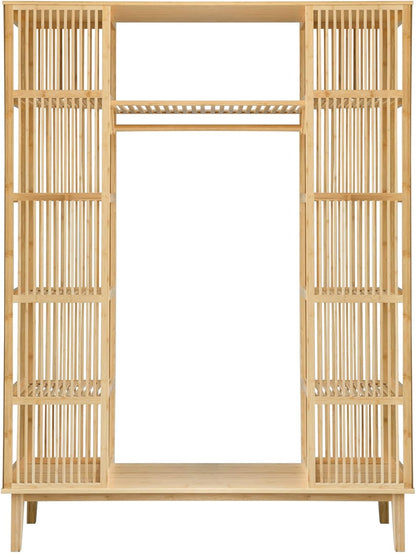 [en.casa] Armario para Ropa con 2 Puertas Deslizantes Clóset con 12 Estantes y 1 Barra de Colgar Perchero de Bambú 185 x 140 x 45 cm Natural