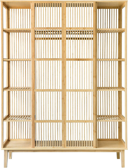 [en.casa] Armario para Ropa con 2 Puertas Deslizantes Clóset con 12 Estantes y 1 Barra de Colgar Perchero de Bambú 185 x 140 x 45 cm Natural