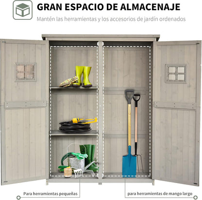 Outsunny Cobertizo de Madera Caseta Exterior Armario Herramientas de Jardinería Doble Puertas Techo Impermeable Compartimientos de Diferentes Tamaños 127.5x50x164cm Madera Maciza