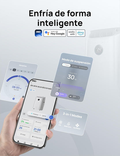 DREO Aire Acondicionado Portátil de 10000 BTU para Habitación, Refrigeración sin Drenaje, Silencioso, Control por Aplicación/Voz, Temporizador de 24 Horas, con Ventilador y Deshumidificador