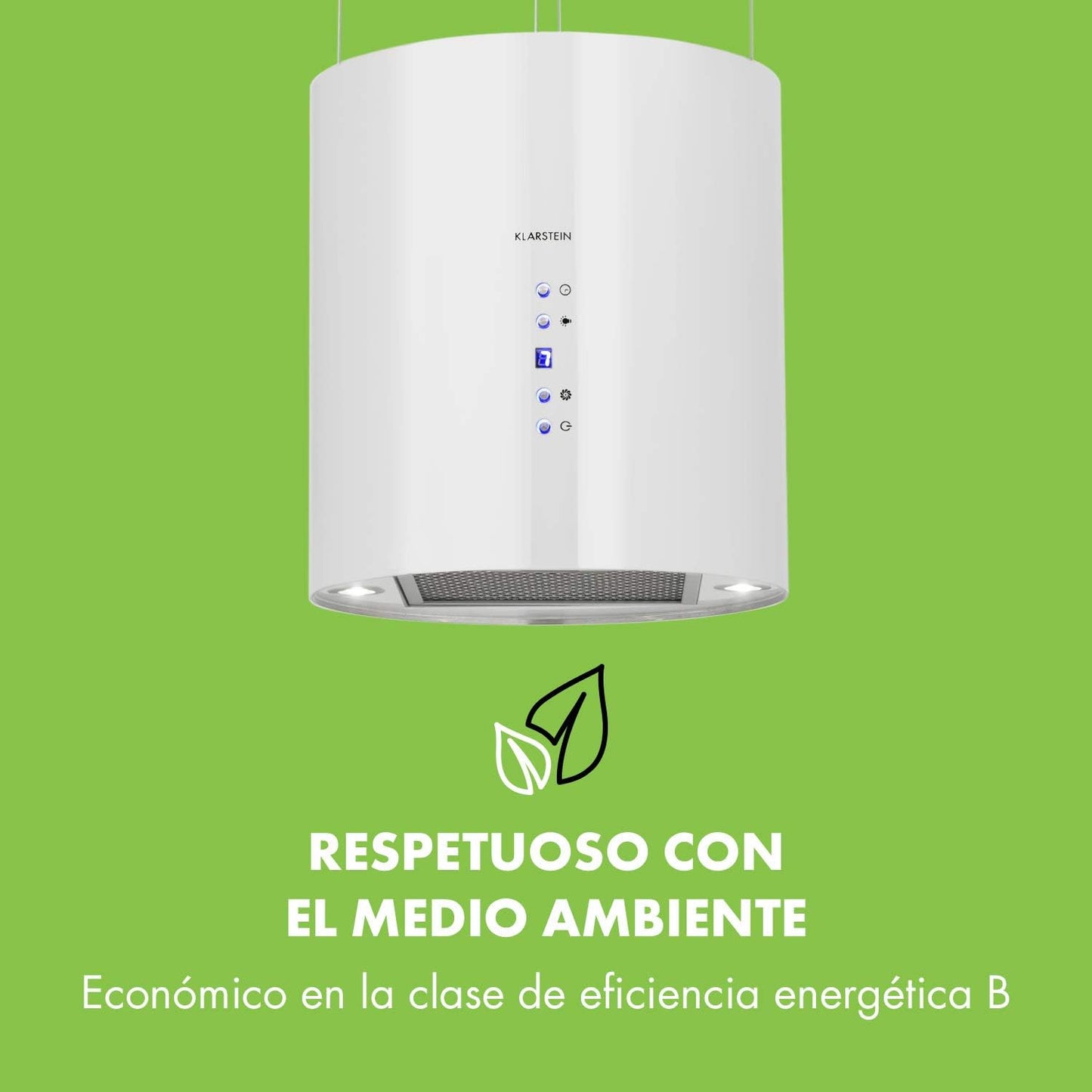 Klarstein Barett - Campana extractora aislada, Ø 35cm, Potencia de 190 W, Ventilación máxima de 590 m³/h, 3 niveles de potencia, CEE B, Iluminación LED, Acero inoxidable cepillado, Blanco