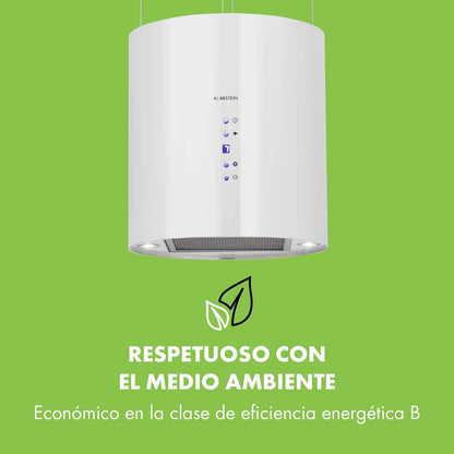 Klarstein Barett - Campana extractora aislada, Ø 35cm, Potencia de 190 W, Ventilación máxima de 590 m³/h, 3 niveles de potencia, CEE B, Iluminación LED, Acero inoxidable cepillado, Blanco
