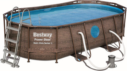 BESTWAY - Piscina Desmontable Tubular Power Steel 427x250x100 cm Depuradora Cartucho 2.006 l/h Escalera y Cobertor Diseño Rattan