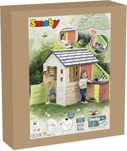 Smoby Life Casa Nature con Cocina de Juguete - Casita Infantil Interior y Exterior - Material Reciclado UV Resistente - A Partir 2 años - Cocina y Accesorios Incluidos - (7600810739)