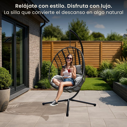 Swoods XXL Silla Colgante de Jardín - para Interior y Exterior - Silla Colgante con Base - Incluye Cojines - Resistente a la Intemperie - Carga máxima 150 kg