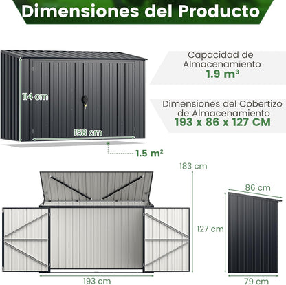 GOPLUS 1,9 m³ Caseta de Jardín de Acero Galvanizado, 193 x 86 x 127 cm, Cobertizo Exterior con Doble Puerta con Cerraduras, Palanca Hidráulica, Casa para Herramientas, Bicicletas, Cubos de Basura