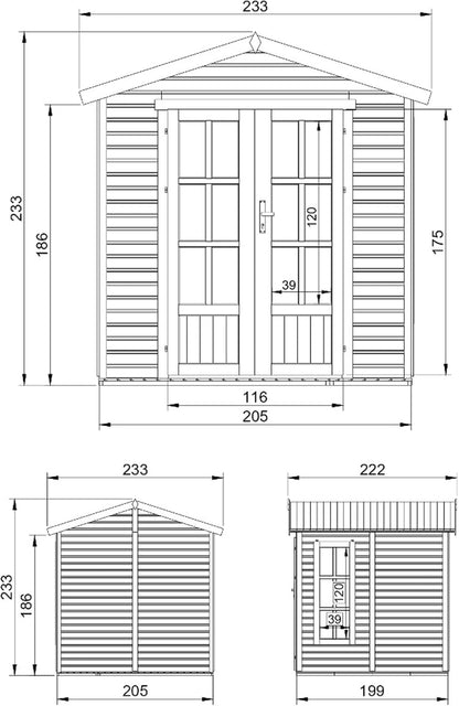 Caseta de Jardín de Madera con Tejas bituminosas Gris A233 x P222 x A233 cm, Oficina Caseta de Madera con Piso, Ventana, Puerta Doble, Cabaña de Jardín, Taller o Estudio de Jardín TIMBELA M351FB