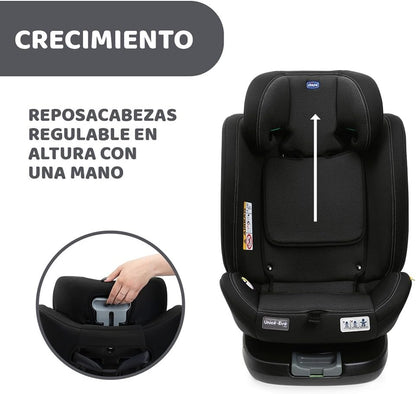 Chicco Unico EVO I'Size Classic, Silla de Coche ISOFIX para Bebés y Niños de 40 a 150 cm, Grupo 0123 Desde Recién Nacido hasta 12 Años, Giratoria 360º, Reductor, Ajustable y Protección Lateral, Negra