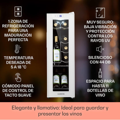 KLARSTEIN Vinoteca para Vinos de 32L Nevera Vino Una Zona, Botellas Vino, Proseco y Cervezas, Vinoteca Pequeña Puerta Cristal para Interior y Exterior, Nevera para Vinos Capacidad 12 Botellas