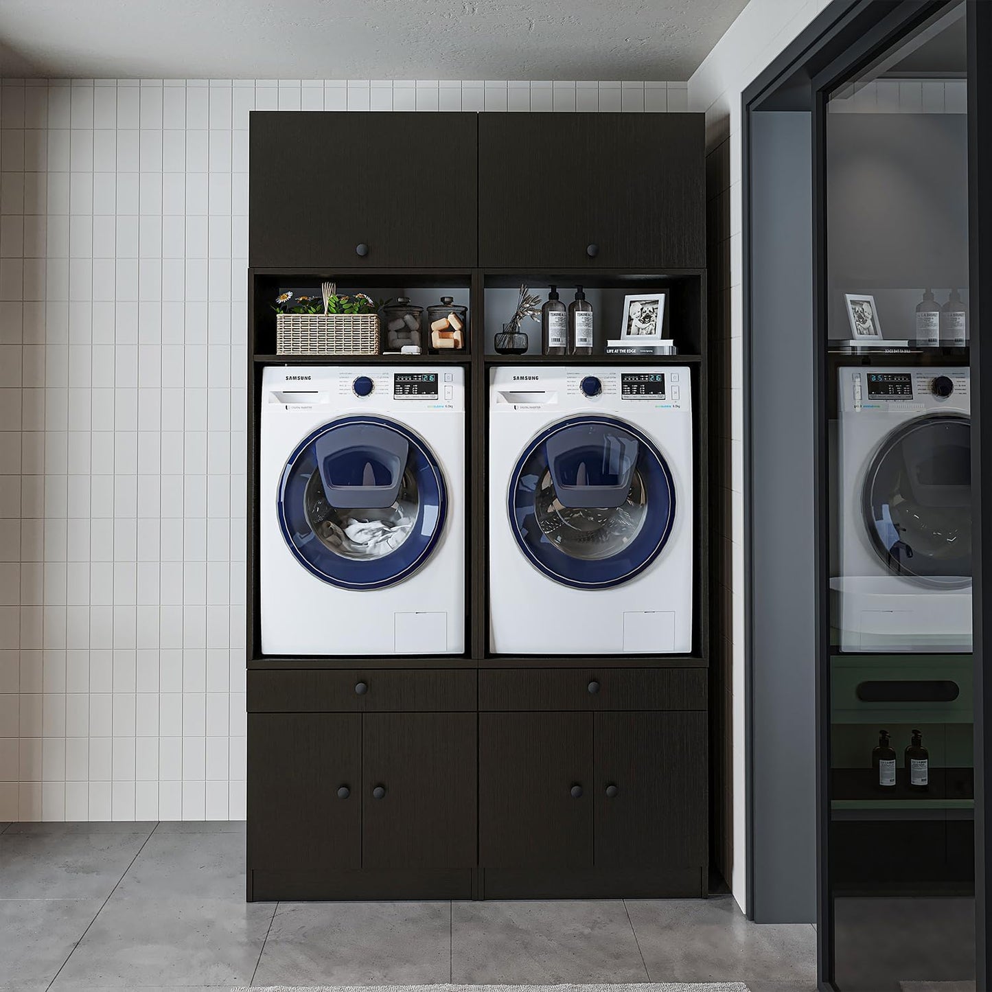 • Armario para lavadora con placa extraíble • Ahorro de espacio • Práctico • Ideal para lavadero (roble negro, 2 x armarios + 2 x accesorios (230 cm de alto)