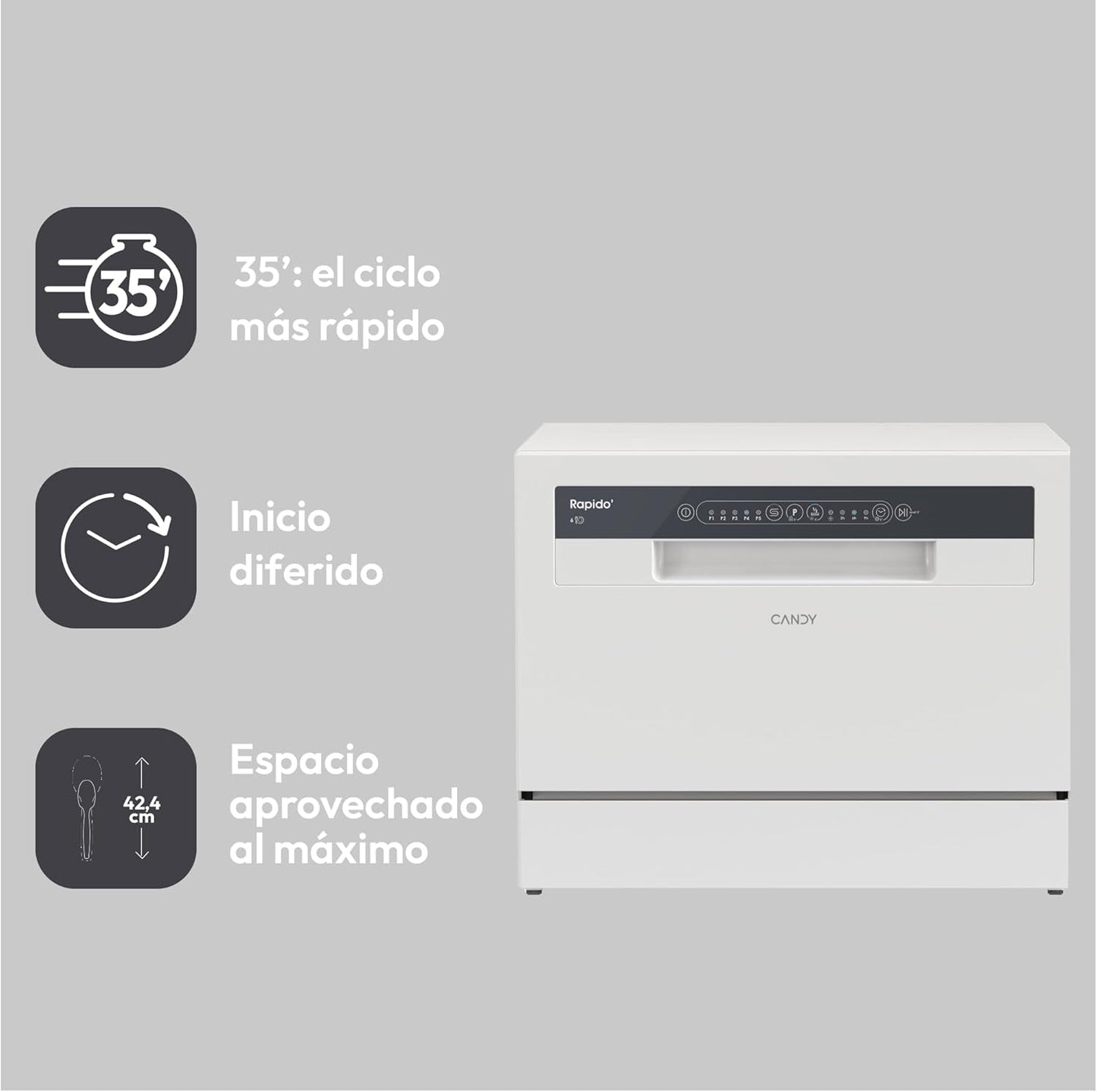 Candy CP 6E51LW Lavavajillas Pequeño y Compacto, 6 Servicios, Digital, 51DBA, 5 Ciclos, Media Carga, Inicio Diferido 3-6-9 horas, Indicador Sal y Abrillantador, Indicador Fin de Ciclo, Blanco