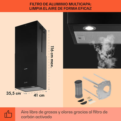 Klarstein Campana Isla Cocina, Extractor para Islas, Campana Techo Flujo Aire 641m³/h, Temporizador, Extractora Isla Regulable, Humos 3 Modos y Filtros de Carbón Activo