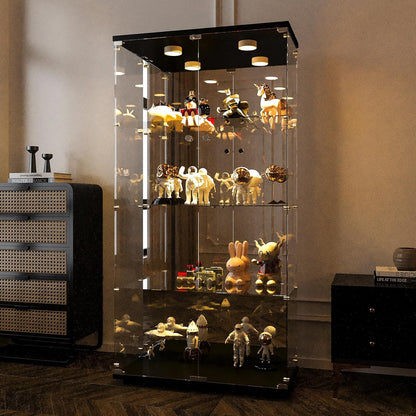 Vitrina Cristal Expositora con Luz, Puerta Cerradura, 4 estantes - Grande Vitrina de Colecciones,Vitrina de pie para Sala Oficina(Espalda Espejo)