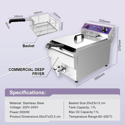 Freidora eléctrica Inox 16L Profesional Comercial, 3000W Acero Inoxidable Freidora con grifo