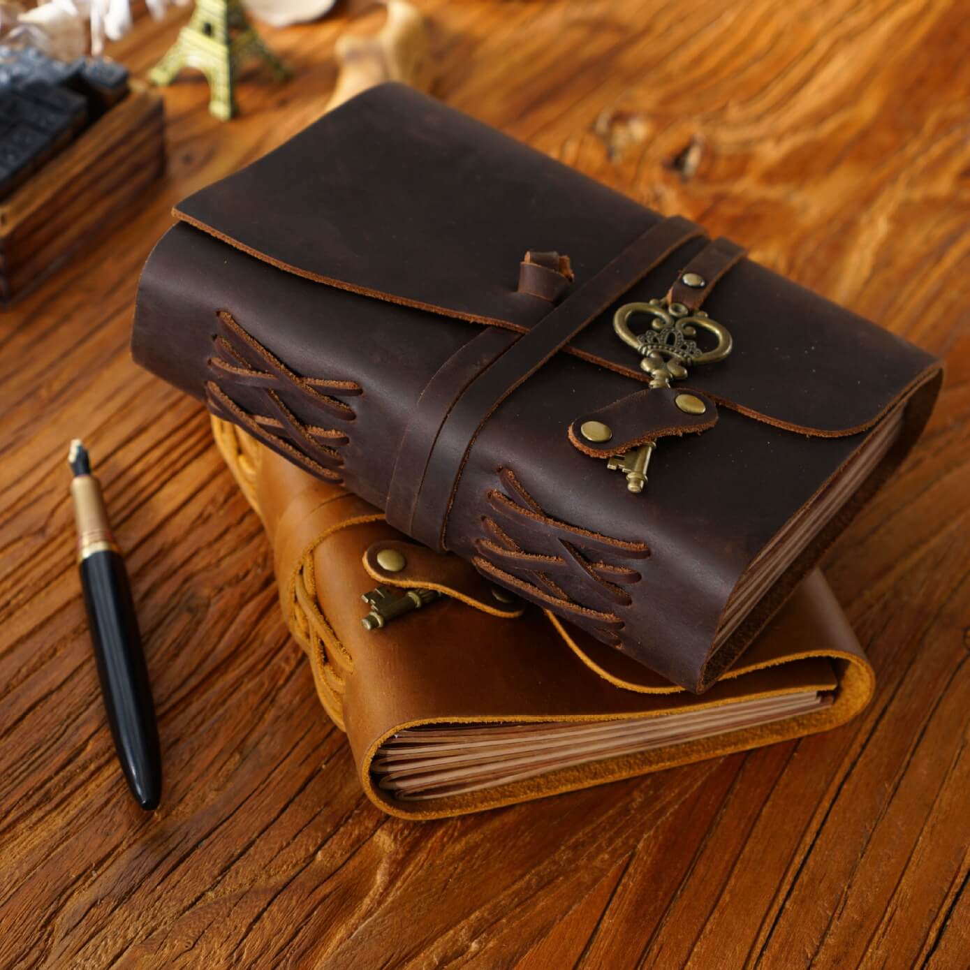 Handmade Crazy Horse Leather Journal with Vintage Key