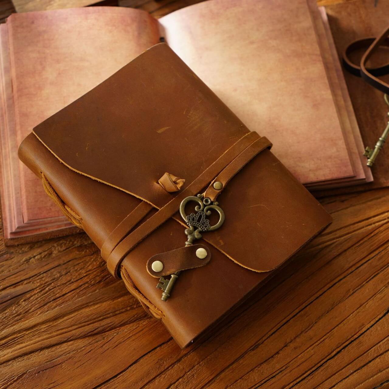 Handmade Crazy Horse Leather Journal with Vintage Key
