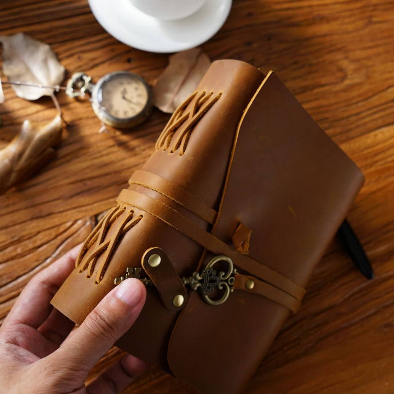 Handmade Crazy Horse Leather Journal with Vintage Key