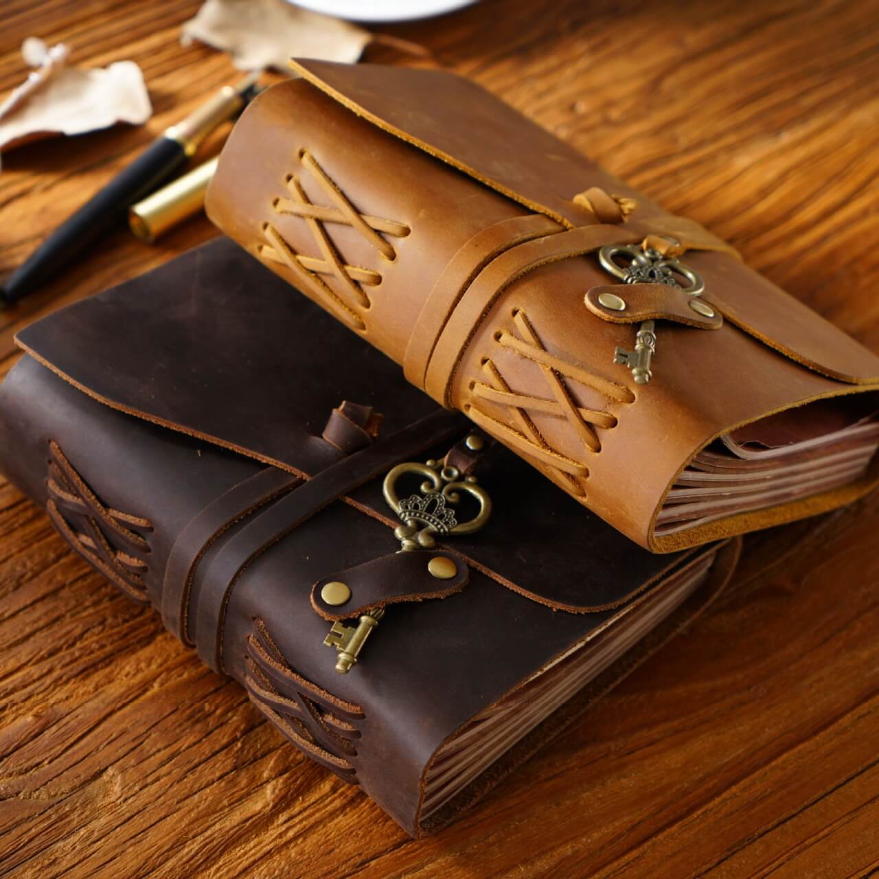 Handmade Crazy Horse Leather Journal with Vintage Key