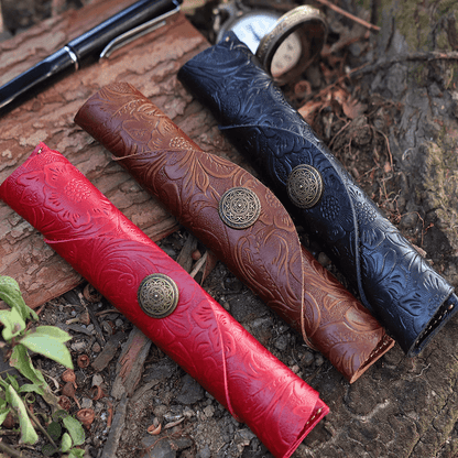 Leather Pen Case – Slim Roll Pencil Pouch with Vintage Button Closure