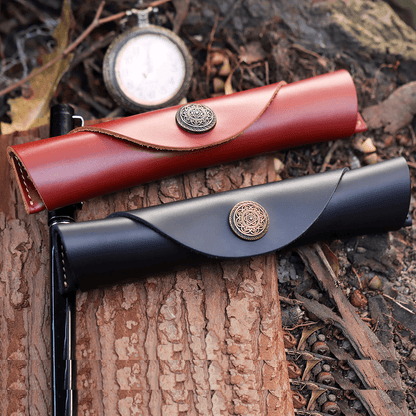 Leather Pen Case – Slim Roll Pencil Pouch with Vintage Button Closure