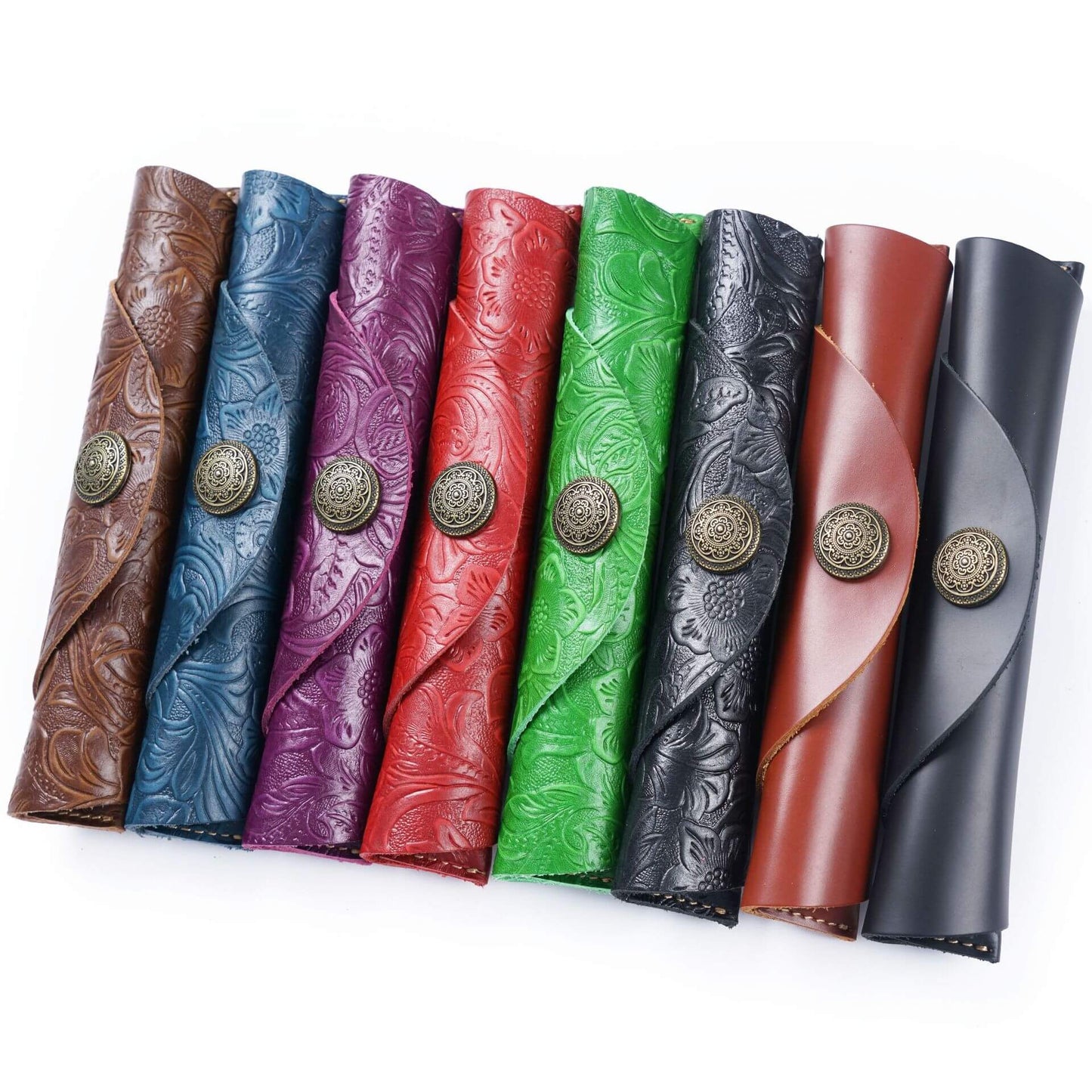 Leather Pen Case – Slim Roll Pencil Pouch with Vintage Button Closure