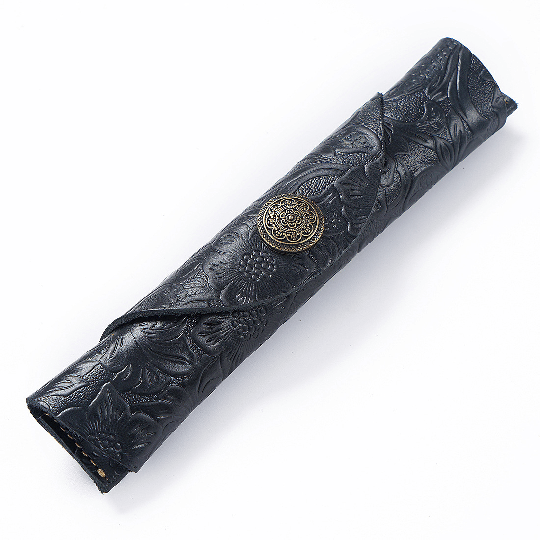 Leather Pen Case – Slim Roll Pencil Pouch with Vintage Button Closure