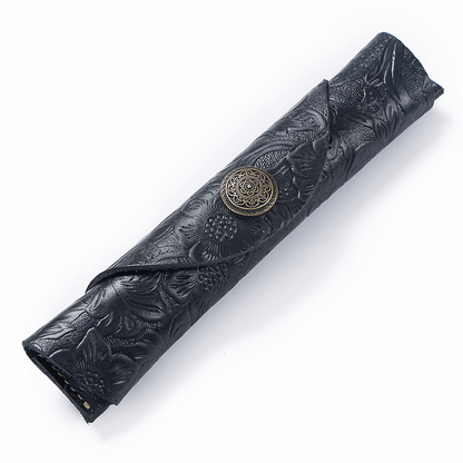Leather Pen Case – Slim Roll Pencil Pouch with Vintage Button Closure