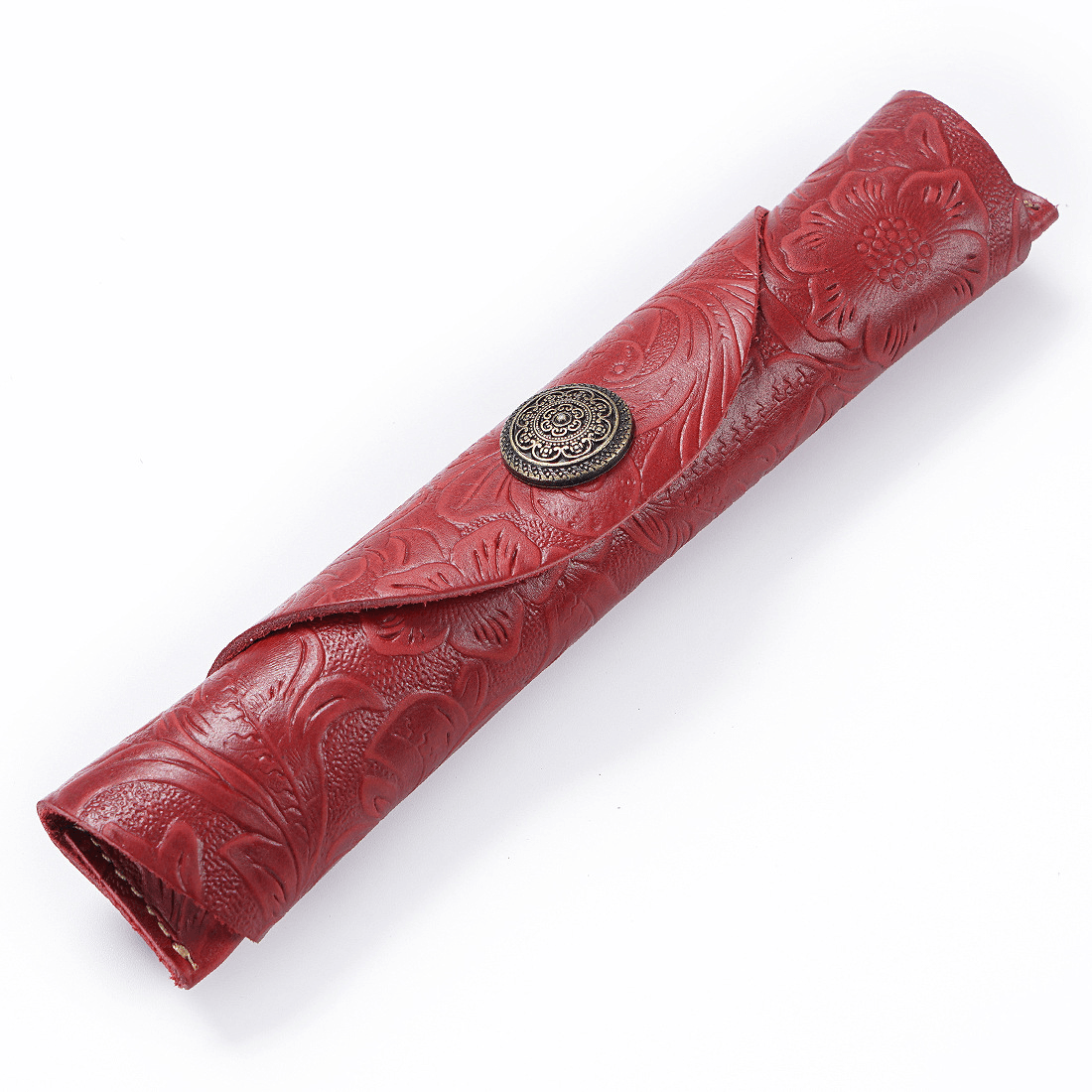 Leather Pen Case – Slim Roll Pencil Pouch with Vintage Button Closure