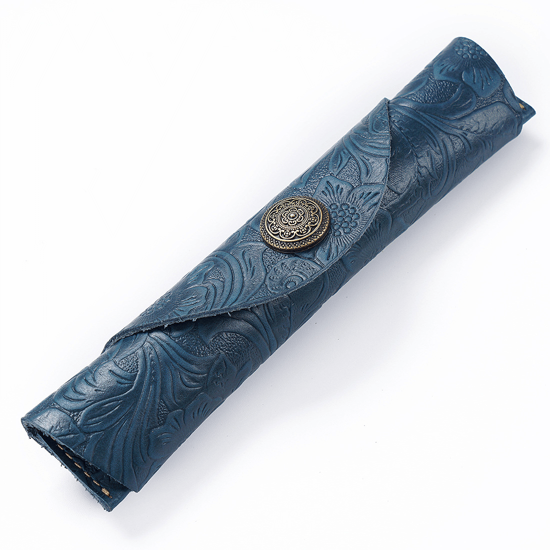 Leather Pen Case – Slim Roll Pencil Pouch with Vintage Button Closure