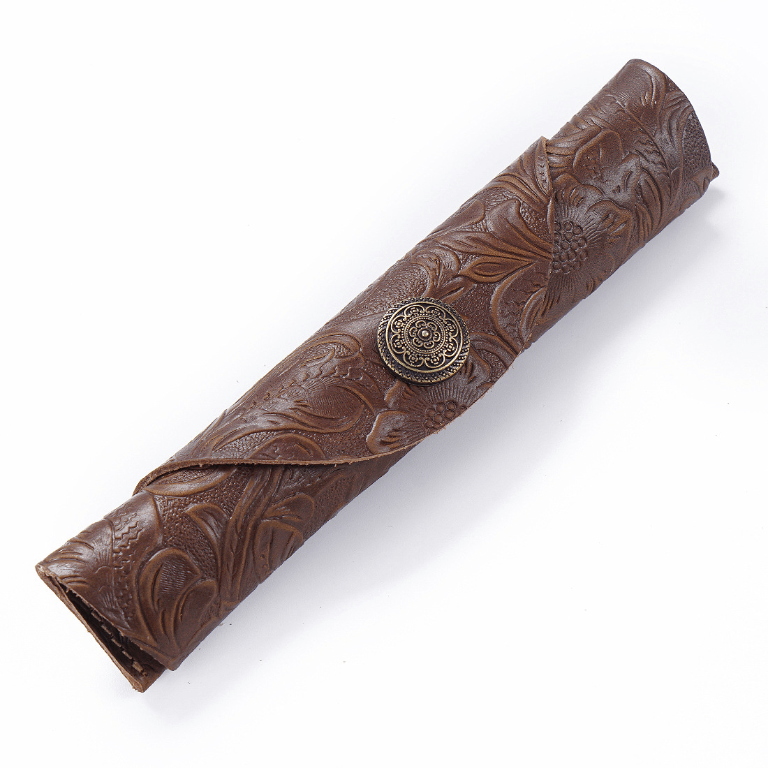 Leather Pen Case – Slim Roll Pencil Pouch with Vintage Button Closure