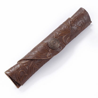 Leather Pen Case – Slim Roll Pencil Pouch with Vintage Button Closure