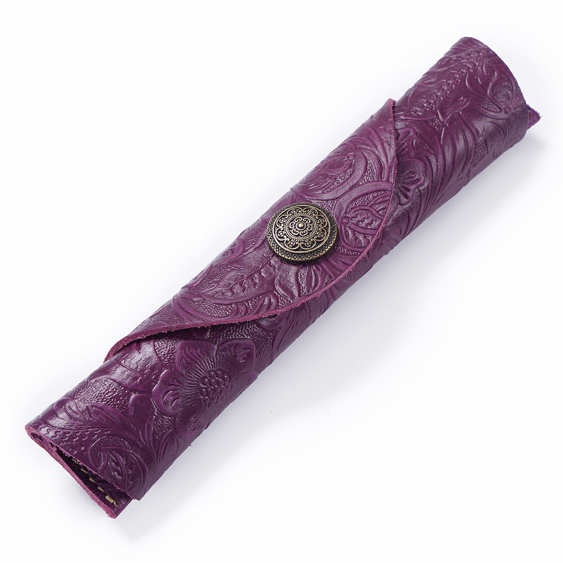 Leather Pen Case – Slim Roll Pencil Pouch with Vintage Button Closure