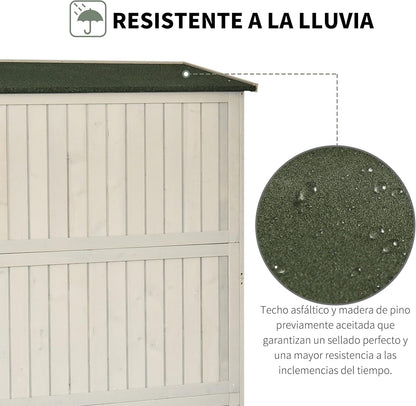 Outsunny Cobertizo de Madera Caseta Exterior Armario Herramientas de Jardinería Doble Puertas Techo Impermeable Compartimientos de Diferentes Tamaños 127.5x50x164cm Madera Maciza