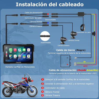 Carpuride W702 Plus Android 14 Motocicleta Carplay Pantalla con Doble Cámara, CarPlay y Android Auto Inalámbricos,7" Pantalla Táctil Impermeable, Audio BT,Grabación Bucle, Navegación Online y Offline.