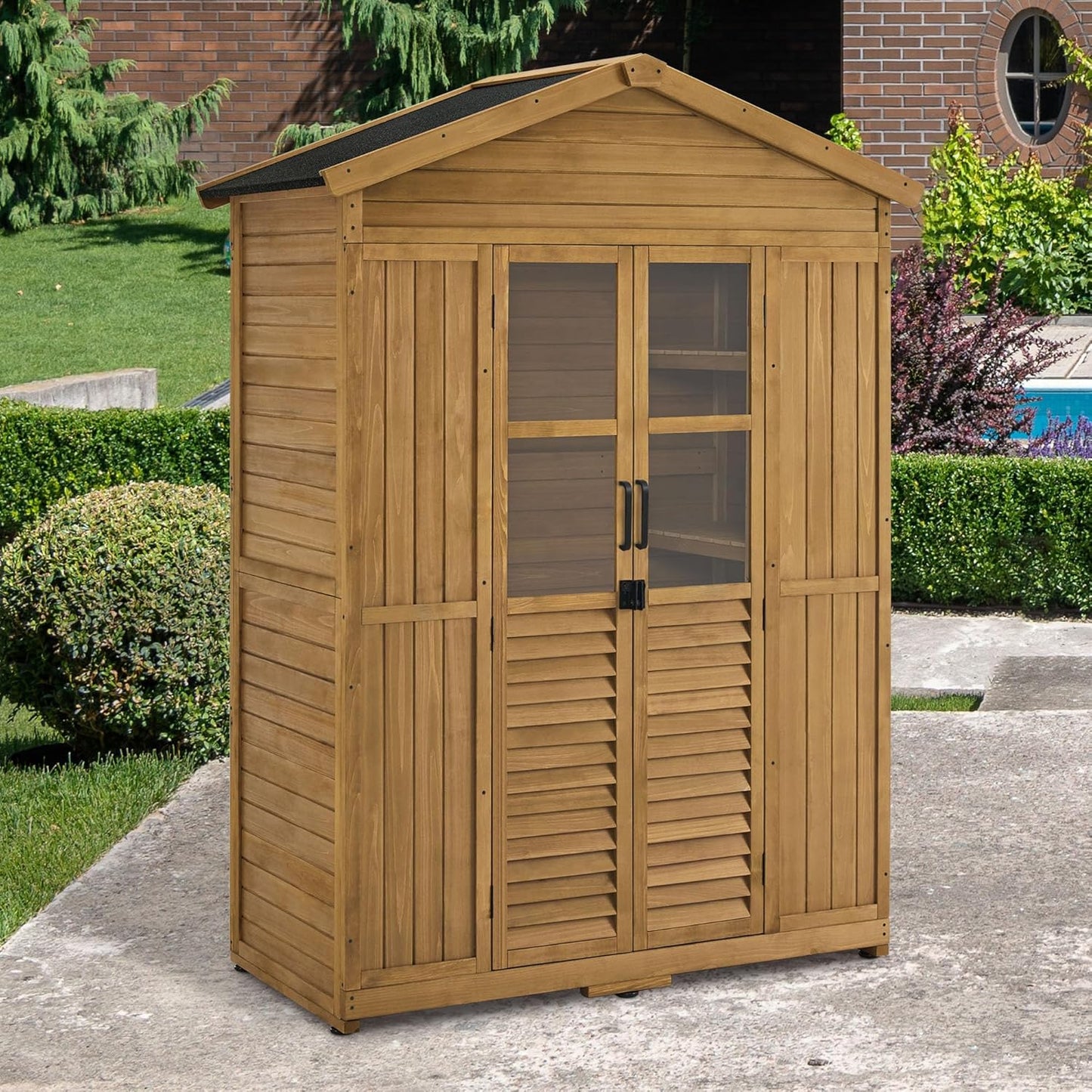 M MCombo Armario de Jardín de Madera Resistente a la Intemperie, Cobertizo de Herramientas al Aire Libre a Prueba de Agua, 74×143×200 cm (Naturaleza)