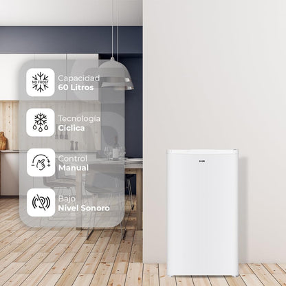 Svan Congelador Vertical Blanco SCV85502E. Capacidad 60 Litros, Puerta Reversible, Bajo nivel Sonoro, Eficiencia Energética Clase E